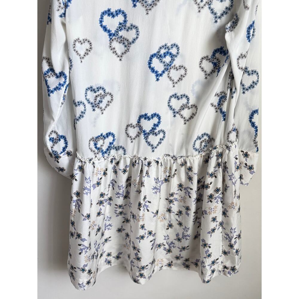 Sandro Paris Heart Print Long Sleeve Mini Shirt Dress White Blue Silk EU 38 M - Picture 9 of 11